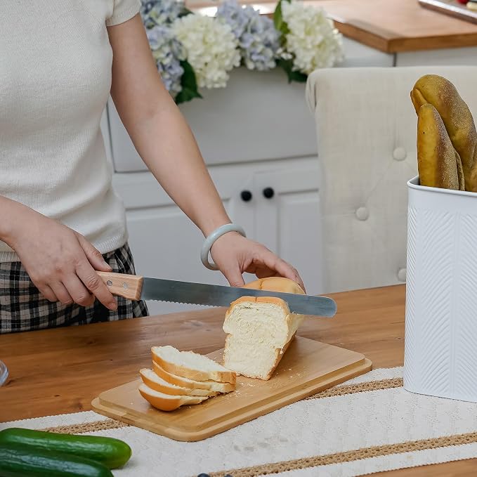 Extra Large Diagonal Stripe Embossed Bread Box with Bamboo Lid | Corner Breadbox for Homemade Bread, White Metal Bread Storage Container Bin for Kitchen Countertop, Fits 2 Loaves of Bread - Image 5