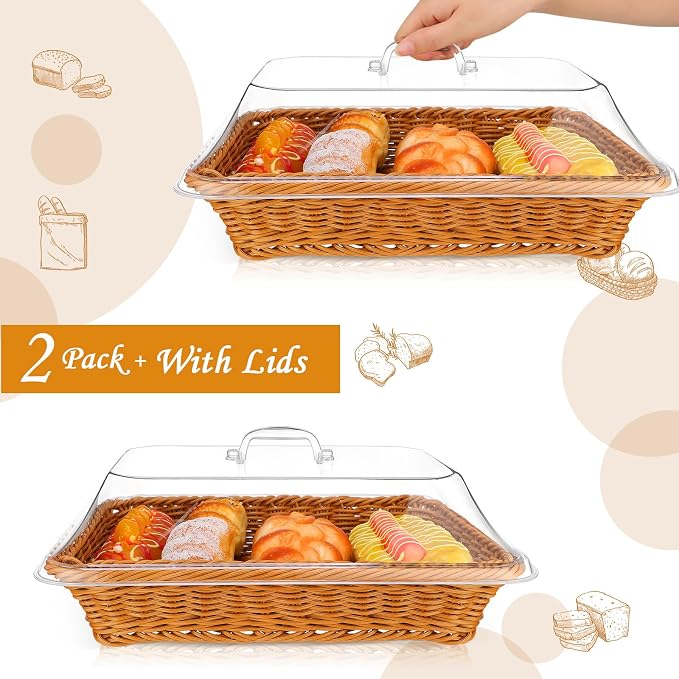 Mumufy 2 Pack Wicker Large Bread Basket with Acrylic Lid Housewarming Gift Woven Rectangular Imitation Rattan Fruit Basket with Cover for Serving Food Display Tabletop Home Kitchen(13.78x9.84'') - Image 3