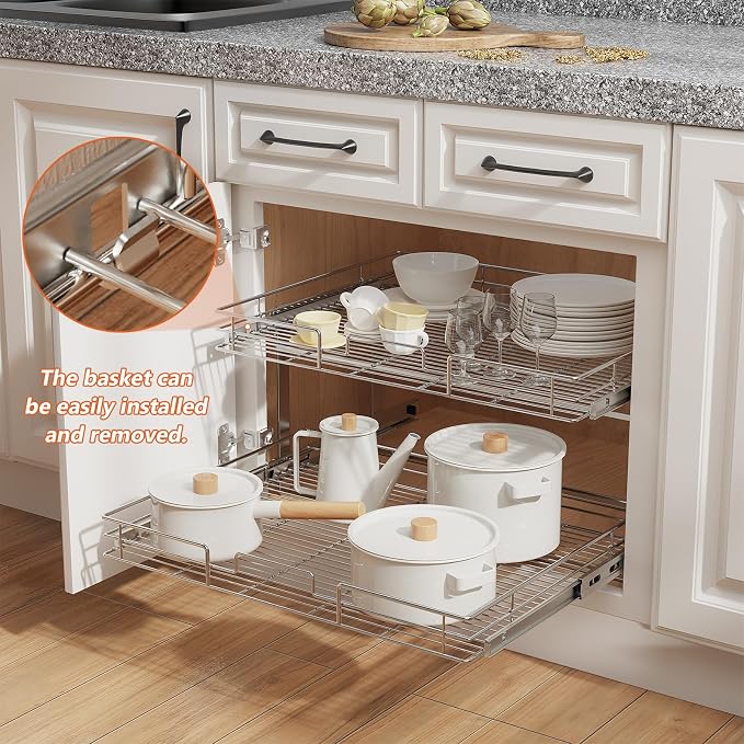ROOMTEC Individual Pull Out Cabinet Organizer (27" W x 21½" D), 2 Tier Spice Rack Organizer for Cabinet, Slide Out Drawer Pantry Shelf Organization and Storage for Kitchen Bathroom - Image 5