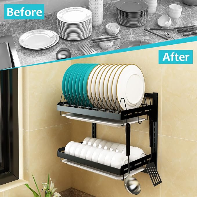 Wall Mounted Stainless Steel Dish Drying Rack Fruit Vegetable Storage Basket with Drainboard and Hanging Chopsticks Cage Knife Holder Kitchen Supplies Shelf Utensils Organizer (2-Tier) - Image 2