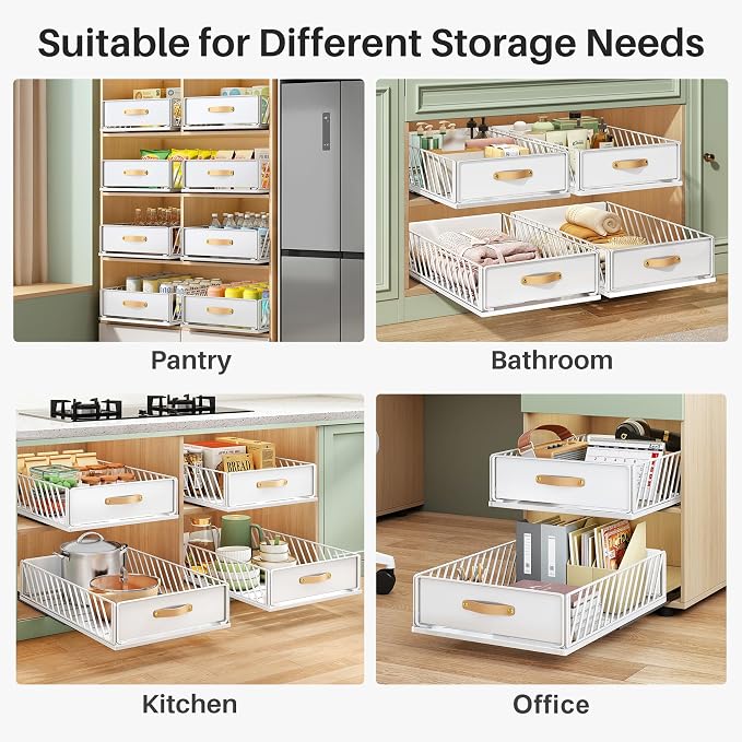 Pull out Cabinet Organizer,Heavy Duty Slide out Pantry Shelves Drawer Storage with Adhesive Nano Film,Sliding Mesh Cabinet Basket with Handle for Kitchen, Bathroom, Home, 13.8"W X 21"D X 6.2"H,White - Image 9
