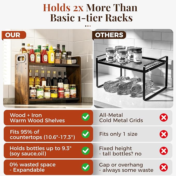 2-Tier Expandable Spice Rack Organizer for Countertop, 10.6"-17.3" | Metal & Wood ,Adjustable Height Spice Racks Shelf for Counter Cabinet Coffee Station, Space-saving Kitchen Storage Shelves - Image 4