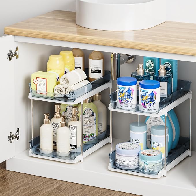 Delamu 2-Tier Multi-Purpose Bathroom Under Sink Organizers and Storage, Stackable Kitchen Pantry Organization, Pull Out Medicine Cabinet Organizer with Movable Dividers, Blue, 4 Pack - Image 7