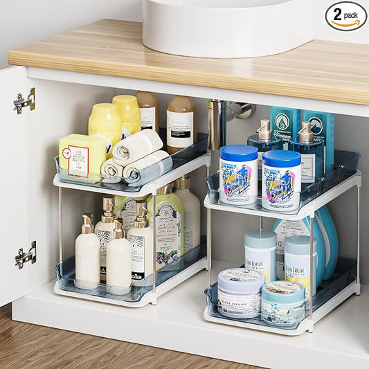Delamu 2-Tier Multi-Purpose Bathroom Under Sink Organizers and Storage, Stackable Kitchen Pantry Organization, Pull Out Medicine Cabinet Organizer with Movable Dividers, Blue, 2 Pack by DELAMU