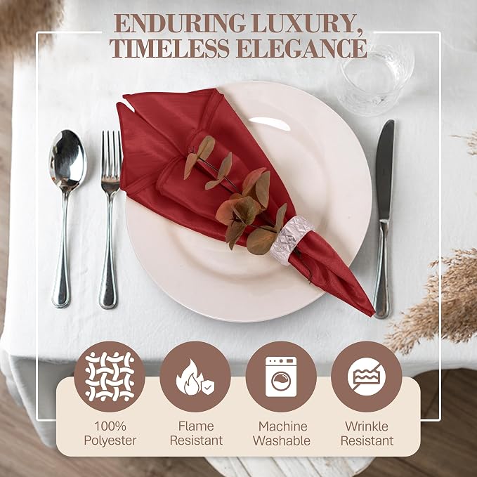 17x17-Inch Shantung Cloth Napkins, Cherry Red, Set of 24 | Bulk Case of 2 Dozen, Satin, Square, 100% Polyester Fabric, Reversible, Faux Dupioni Silk Reverse Side, Machine Washable - Image 2