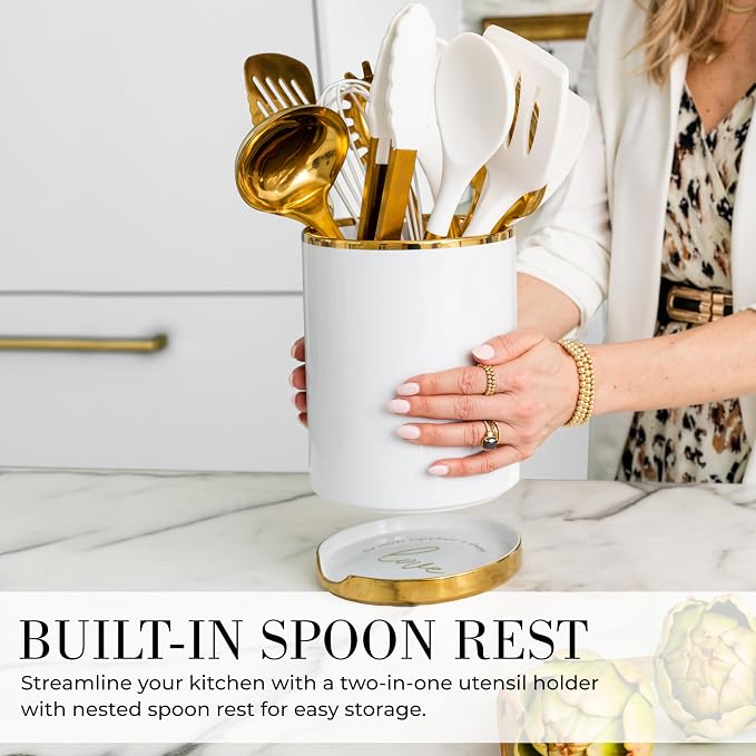 STYLED SETTINGS White and Gold Cooking Utensils Set, 13-Piece | Kitchen Set with White Ceramic Utensil Holder and Stackable Gold Spoon Rest - Luxury Kitchen Accessories for Stylish Cooking - Image 6