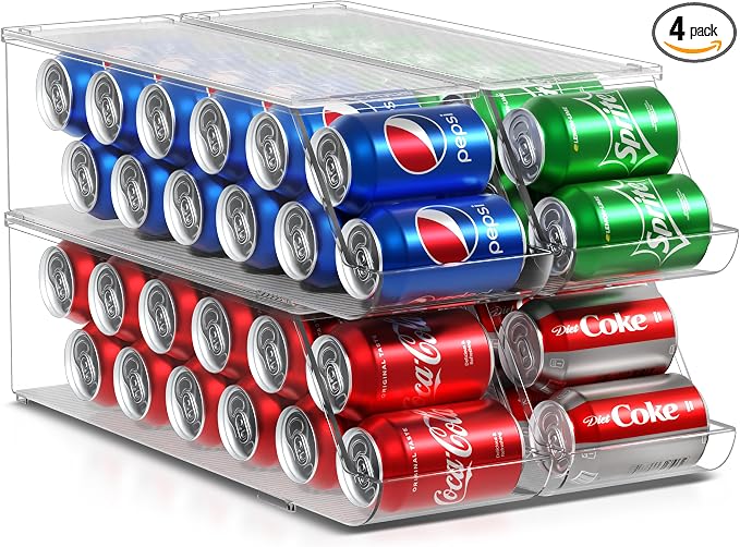 Sorbus Soda Can Organizer for Refrigerator – Stackable Can Dispenser with Lid for Fridge, Pantry, or Freezer – Holds 12 Cans Each, BPA-Free Clear Drink Organizer (4-Pack) by Sorbus