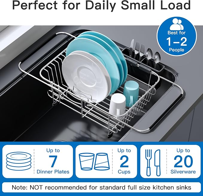 JASIWAY Sink Small Dish Drying Rack with Utensil Holder, for RV, Apartment | Over Sink Expandable Stainless Steel Dish Drainers for Compact Kitchen, Space Saving, Fast Drain, Rustproof, For 1-2 people - Image 5