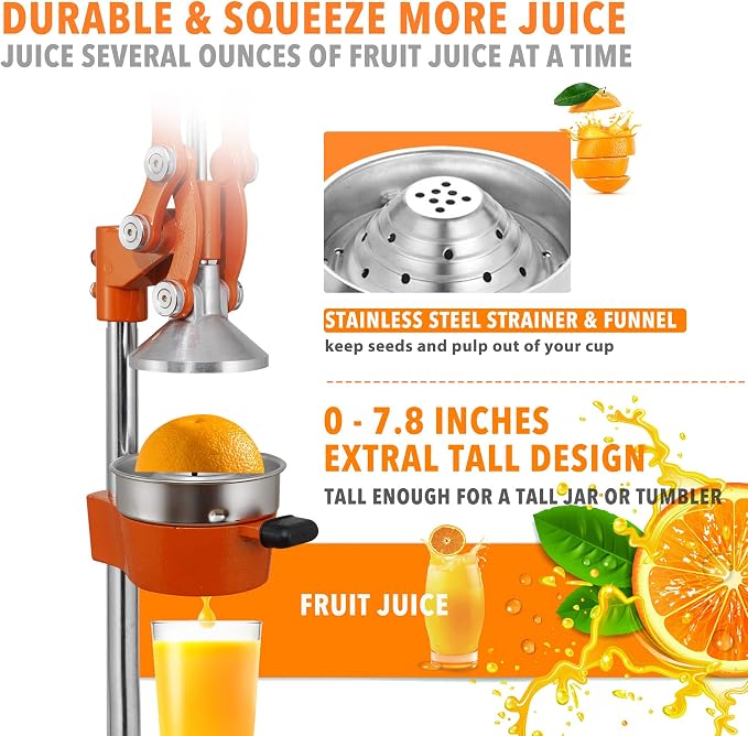 19 Inch Height Extra Tall Commercial Heavy Duty Cast Iron Hand Press Manual Orange Citrus Lemon Lime Grapefruit Pomegranate Fruit Juice Squeezer Machine with Stainless Steel Cup - Image 5