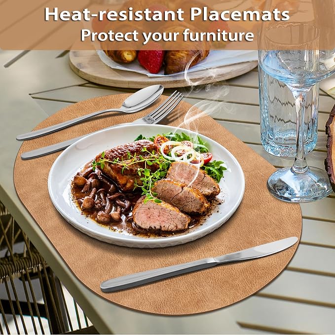 ADRIMER Placemats, Heat Resistant Oval Placemats Set of 6 Washable 12 x 17 Inch, Waterproof Table Mats, Wipeable Pu Place Mats for Kitchen, Dining Room, Light Brown - Image 2