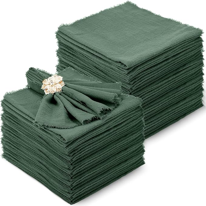 48 Pcs Cotton Linen Cloth Napkins with Fringe 16.5 x 16.5 Inch Square Rustic Dinner Linen Napkins Bulk for Wedding Party Banquet Dinner(Green) by Buryeah
