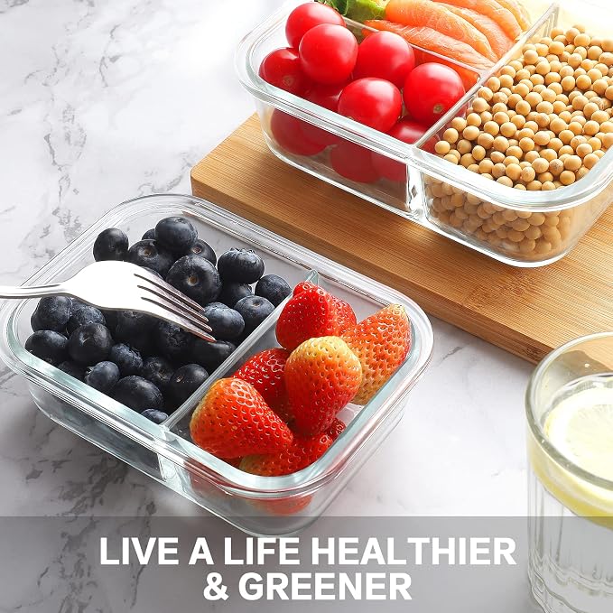 Bayco 9 Pack Glass Meal Prep Containers - 3, 2 & 1 Compartment Glass Food Storage Containers with Lids, Airtight & Leak Proof Lunch Bento Boxes - Grey - Image 7