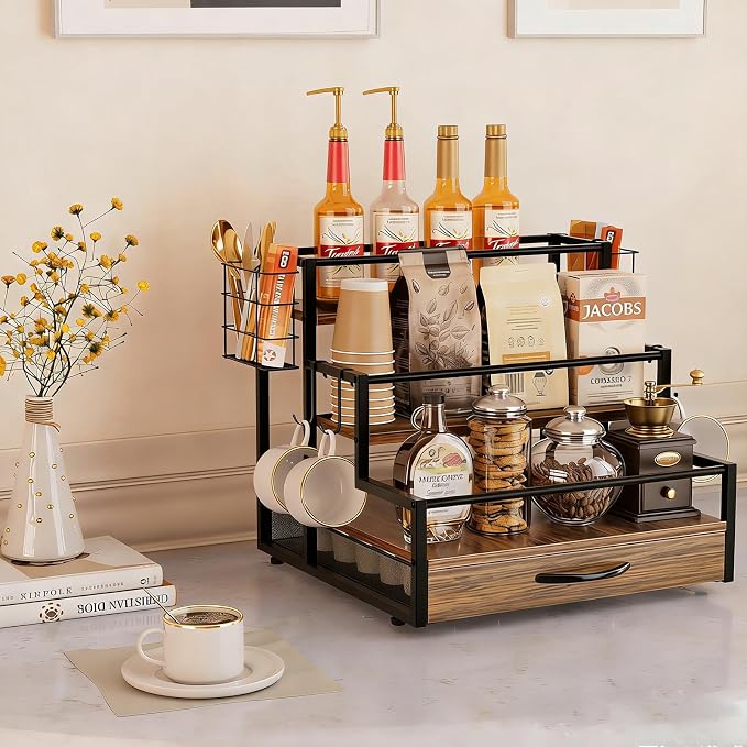 4 Tier Countertop Coffee Syrup Rack Organizer with 36 K Cup Storage | Wooden Sturdy and Space-Saving Coffee Bar Organizer with Drawer Condiment Storage Shelves for Kitchen Home Office Restaurant - Image 2