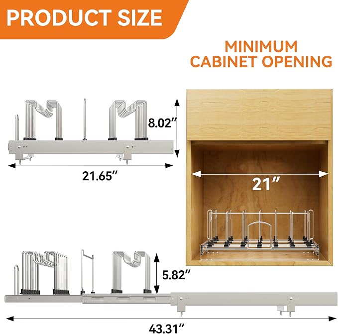 Pull Out Pots and Pans Organizer Under Cabinet, Sliding Adjustable Pot Rack with 15 Adjustable Dividers, Chrome-Plated Pot and Pan Holder Rack, Full-Extension Rail for Kitchen Organization 20" W*22" D - Image 5