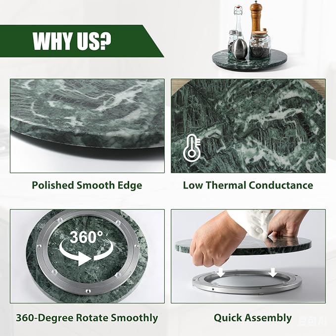12" Marble Lazy Susan Turntable - 100% Natural Stone Round Serving Tray with Silent Spinning, Revolving Cake Stand & Cheese Board for Kitchen Countertop, Cupcake Table Display, Food, Seasoning (Green) - Image 2