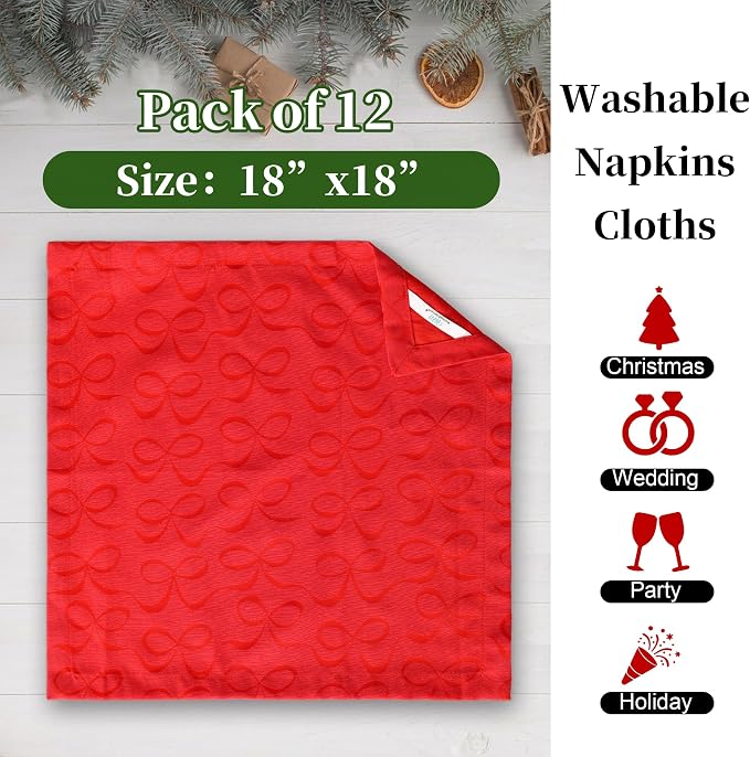 Red Napkins Cloth Pack of 12, Square Napkins 18"x18" - Cotton & Polyester | Wrinkle/Fade Resistant - Reusable Napkins Washable, Christmas Table Napkin for Wedding, Dinner & Party, Bow Jacuqard - Image 4