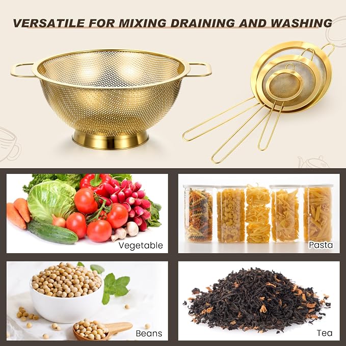Norme 3 Quart Stainless Steel Gold Colander Gold Fine Mesh Strainer, Stainless Steel Pasta Rice Food Metal Strainer with Handles, Easy Clean and Dishwasher Safe - Image 7