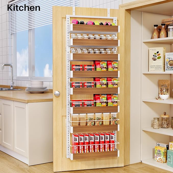 SNTD 8 Tiers Wooden Over the Door Organizer, 17" W x 6" D x 69" H, Walnut | Pantry Door Organizers and Storage, Height Adjustable Spice Rack, Dense Mesh Baskets, Anti-Swing, Adjustable Door Fastener - Image 8