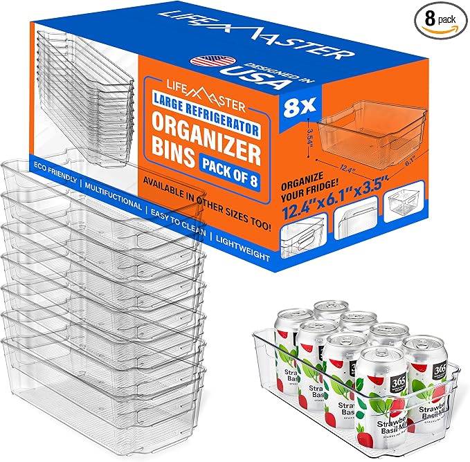 8-Piece Stackable Refrigerator Bin Organizer Set with Easy Grip Handles - Clear Multi-Purpose Storage Bins for Fridge and Pantry Use by LIFEMASTER
