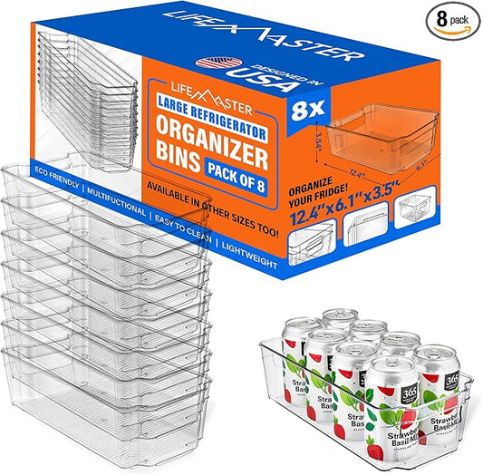 8-Piece Stackable Refrigerator Bin Organizer Set with Easy Grip Handles - Clear Multi-Purpose Storage Bins for Fridge and Pantry Use by LIFEMASTER
