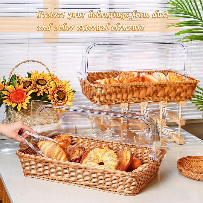 2 Set Wicker Bread Baskets for Serving with Clear Acrylic Roll Top Lid Woven Rattan Bread Basket Large for Fruit Food Picnic Summer Pool Party Outdoor BBQ(21.06 x 12.6 Inch,1 Compartment) - Image 5