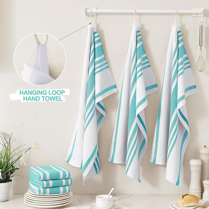 Homaxy Premium Cotton Stripe Kitchen Towels 3 Pack, 18"x 28", Teal | Large 380 GSM Kitchen Hand Towels, Soft Terry Dish Towels, Highly Absorbent Tea Towel Set with Hanging Loop - Image 3