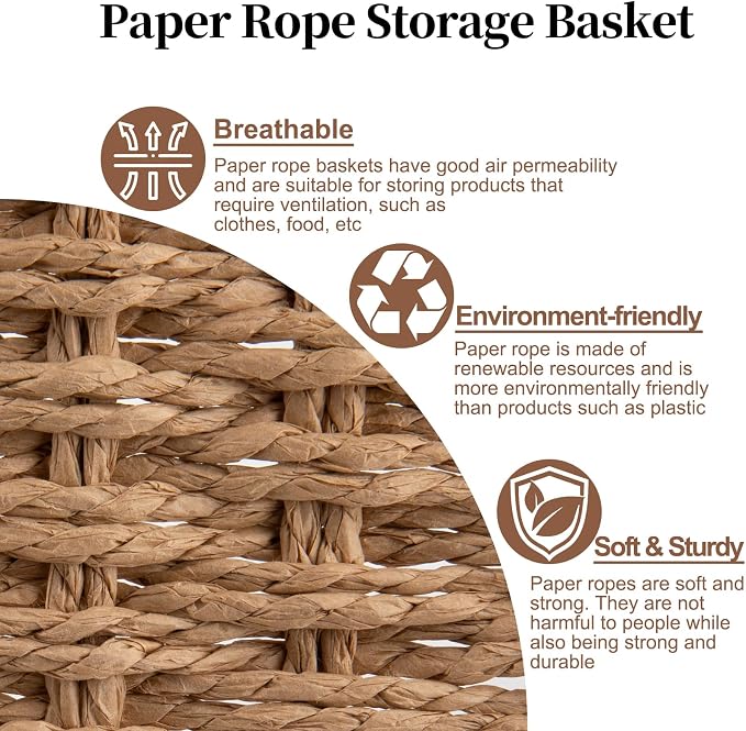 OIAHOMY Pantry Baskets for Organizing, Paper Rope Baskets with Built-in Handles, Wicker Storage Bins for Shelves, 2 Pack-Yellow - Image 5