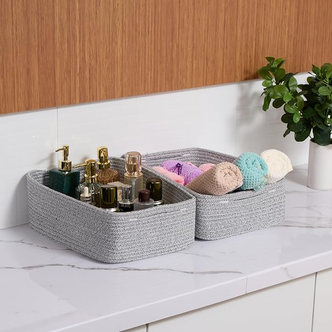 MiniArk Large Shallow Organizing Baskets 15x11x5.1 Inches - Rope Woven Storage Bins for Bathroom, Shelves, Cube Closet, Mixed Grey 2 Packs - Image 6