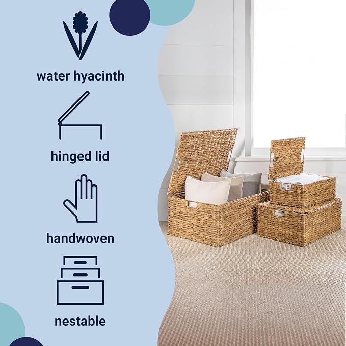 happimess Brooks 3-Piece Woven Hyacinth Storage Basket Set 22", Natural | Classic Farmhouse Style, Rectangular Nesting Wicker Containers, Integrated Handles, Hinged Lids, Iron Metal Frame - Image 3