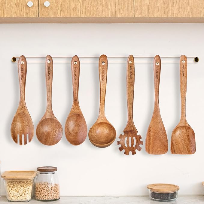 Wooden Spoons for Cooking,WOTTISH 7Pcs Wooden Cooking Utensils,Nonstick Wooden Spatula,Wooden Kitchen Utensils Set Non Toxic,Wooden Utensil Set(A07) - Image 7
