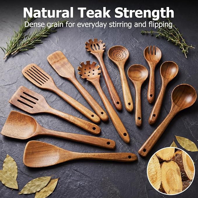Wooden Spoons for Cooking, 12-Piece Teak Wood Kitchen Utensil Set, Nonstick Safe Wooden Spatulas and Spoons, Smooth Heat-Friendly Cooking Utensils for Everyday Meals (A12) - Image 2