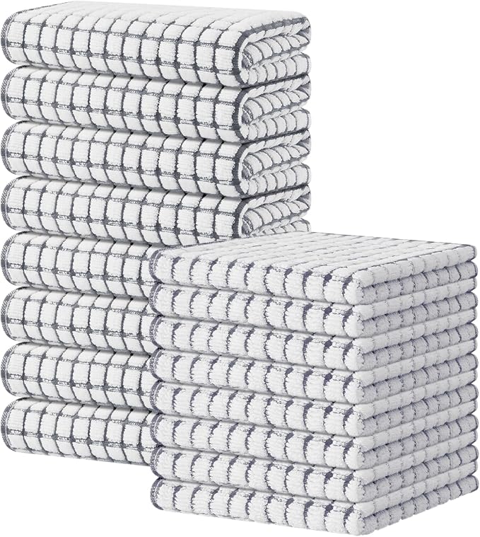 Kitinjoy Cotton 16 Pack Kitchen Towels and Dishcloths Sets, Grey | 16 x 25 Inch & 12 X 12 Inch Dish Towels Bulk, Super Soft and Absorbent hand towels for kitchen Drying by Kitinjoy