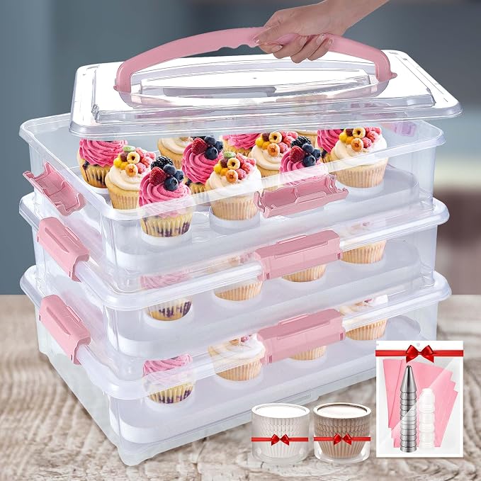 ARC 3-tiers Cupcake Carrier (Pink) - Cupcake Holder and Cake Transport Container that Holds up to 36 Cupcakes or 3 Large Cakes - BPA-Free, Great for Parties & Festivals by ARCUSA