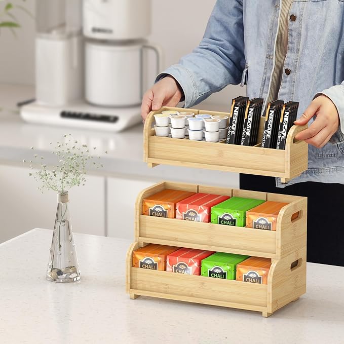 3-Tier Bamboo Tea Bag Organizer, Stackable Tea Holder for Countertop | Tea Box Rack with Removable Dividers, Wall Mount Large Capacity for Pantry Drawer Cabinet Kitchen Office Coffee Station - Image 6