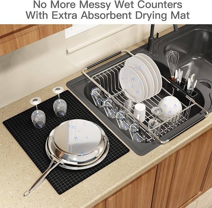 Dish Drying Rack Over The Sink with Utensil Holder, Mat | Expandable Stainless Steel Dish Drainer for Small Kitchen, Apartment, RV, Counter Space Saving, Perfect Fit, Rustproof - Image 5