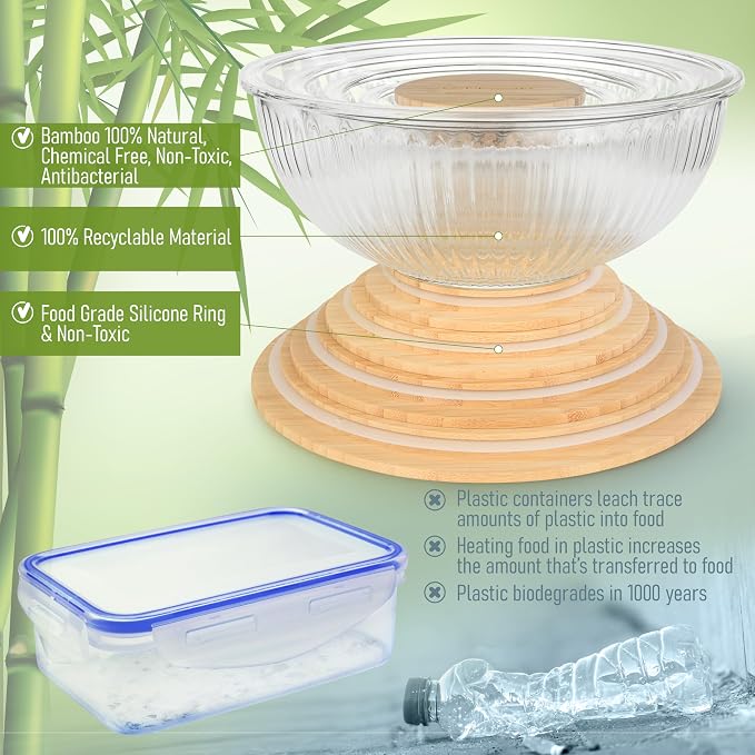 Stackable Space-Saving Set of 5 Nesting Glass Bowls with Bamboo Lids for Foodprep, Storage, Baking, Mixing & Cooking, Microwave & Oven Safe BPA Free Heat Resistant Inert Borosilicate Glass - Image 5