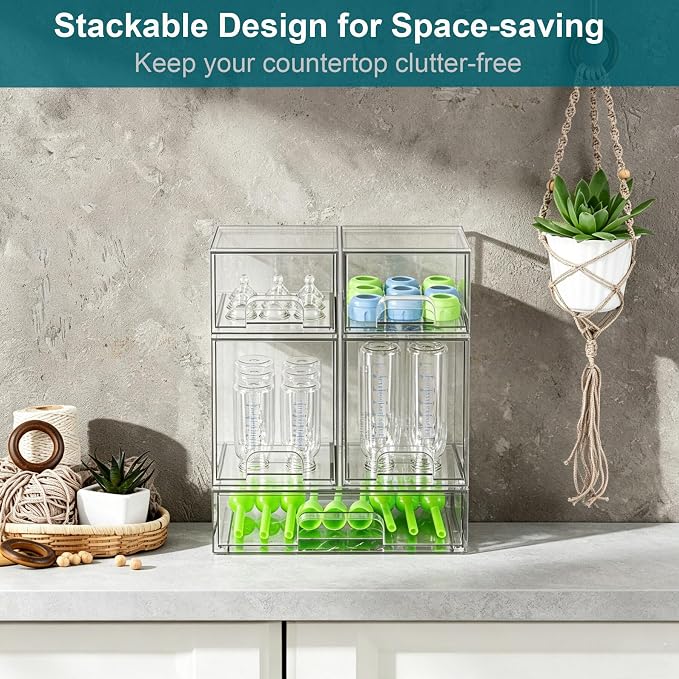 Baby Bottle Organizer for Countertop Food-grade Acrylic Storage for Cabinet | Set of 5 Clear Stackable Organizers with Drawers for Bottles, Plastic Baby Station Organization for Pacifiers, Pump Parts - Image 2