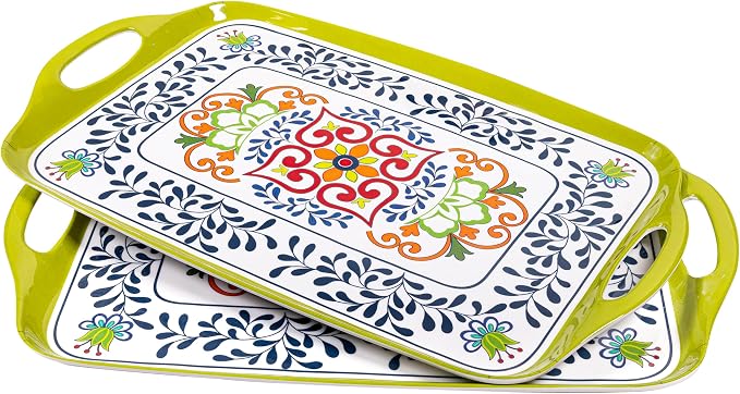 Large Serving Platter with Handles,19”x12”Large Rectangular Melamine Serving Tray Set of 2, Kitchen Food and BBQ Serving Platter, Talavera Grilling Prep and Serve Tray, Dishwasher Safe - Image 2