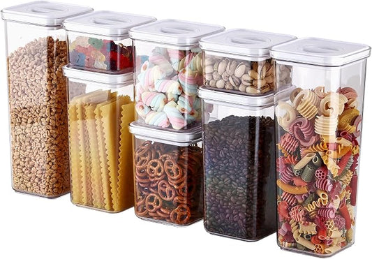 Neoflam Smart Seal 8pc Patent Airtight Kitchen Pantry Canister/Organizer Clear Plastic Container & Simple Twist Lids, 100% Leak Proof, Dishwasher Safe, BPA Free, Cereal, Dry Food Storage Set, White by Neoflam