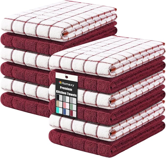 Homaxy Large Premium Cotton Kitchen Towels 16"x 28", 12 Pack, Red | Natural Ring Spun 390 GSM Dish Towels, Super Absorbent Terry Kitchen Hand Towels, Soft Tea Towels with Hanging Loop by Homaxy