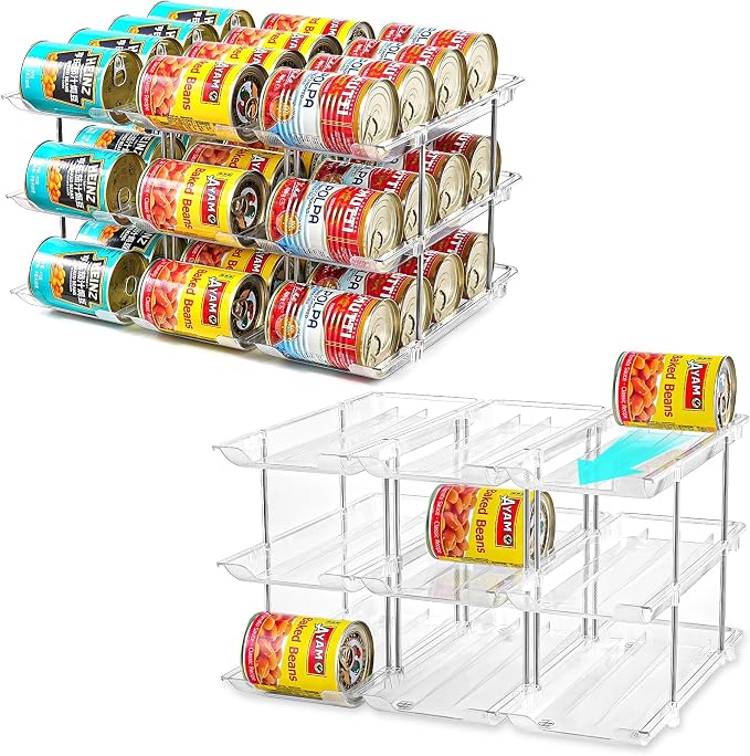 Can Organizer for Pantry, Stacking Can Storage Organizer Hold 36 Cans | Automatic Rolling Can Rack for Fridge, 3Tire 3 Columns Can Holder, Canned Goods Organizer by Amllas