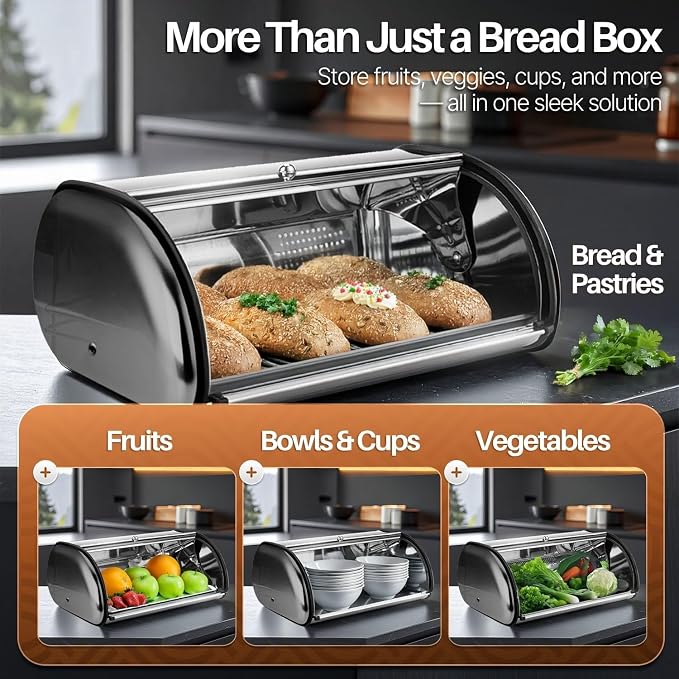 Flexzion Stainless Steel Bread Box for Kitchen Countertop, 13 Inch, Silver | Large Bread Storage Container with Roll-Top Lid, Front Window, Rear Vents, and Room for Bread, Bagels, Muffins, and Pastries - Image 8
