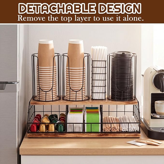 18oz Adjustable Coffee Cup Dispenser with Wooden Base, Cup and Lid Holder, Cups Holder Organizer for Coffee Pod Straw and Lid Storage(4-compartment Double,Color 5) - Image 4