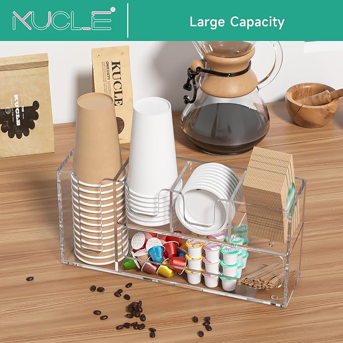2-Tier Coffee Station Organizer for Countertop, 5 Compartments Clear Acrylic Cup and Lid Holder Tea Condiment Storage Upright Coffee Bar Organizer Pod Dispenser for Office Breakroom Home Kitchen - Image 7