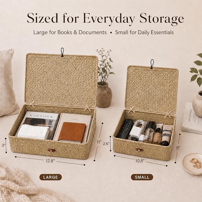 YANGQIHOME Set of 2 Seagrass Baskets with Lids, Rectangular Woven Storage Baskets, Natural Wicker Basket Boxes for Coffee Table, Shelf, Bathroom Counter & Closet Decor (Natural, Set of 2) - Image 2