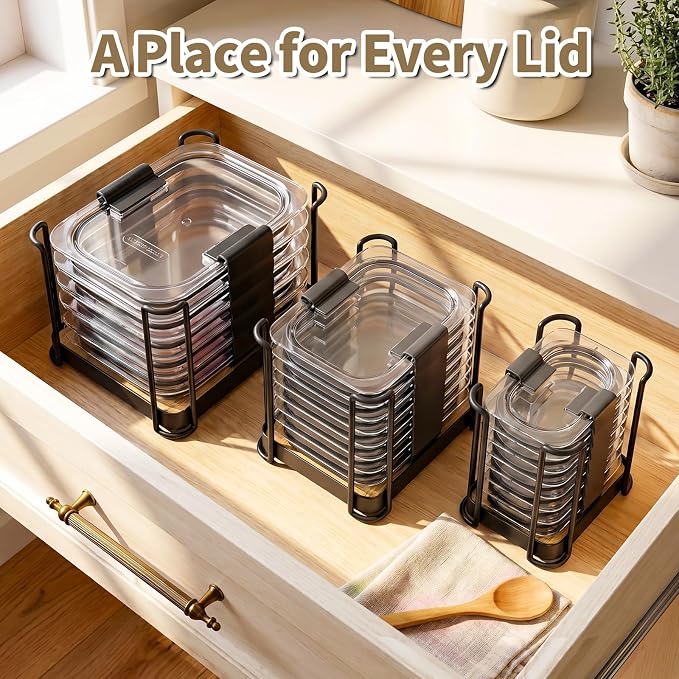 MOUKABAL Metal Lid Organizer for Rubbermaid Brilliance, Kitchen 3-Pack 1 | Fits 1.3,3.2,4.7,9.6 Cup Rubbermaid Brilliance lids/Space-saving upright storage/Metal frame with bamboo base/Ready to use - Image 5