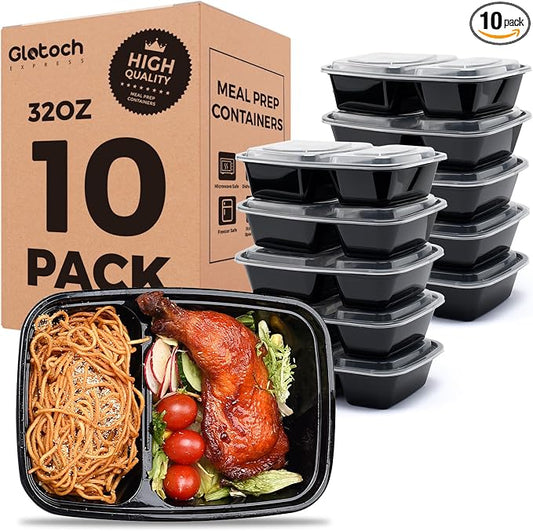 Glotoch Express 10 Pack 32 oz 2-Compartment Meal Prep Containers with Lids | Plastic Food Storage Containers for Lunch,Microwave,Freezer,Dishwasher Safe,Sturdy Leakproof & BPA Free Takeout Containers by GlotochExpress