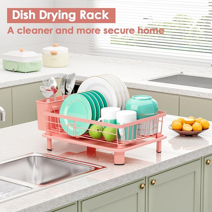 Dish Drying Rack, Stainless Steel-Dish Rack, Dish Racks for Kitchen Counter, Kitchen Dish Drainers with Removable Utensil Holder,New Drain Outlet,Plate Rack and Drainboard,(Pink-11 W x 15" L) - Image 6