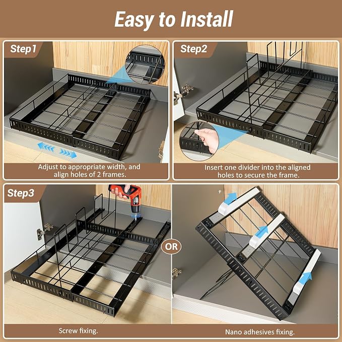 Housolution Pull Out Baking Tray and Cookie Sheet Cutting Board Organizer | 13"-22" Expandable, 21.5" Deep, 8 Adjustable Dividers, Sliding Rail Design, Sturdy Metal Structure, Adhesive/Screw Fixing - Image 5