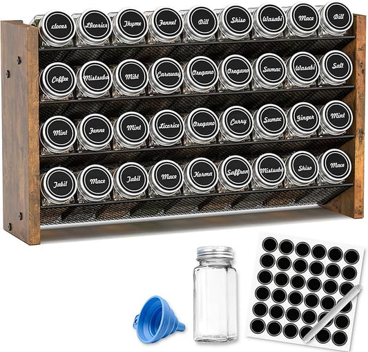 NESAPTO Spice Rack Organizer with 36 Glass Spice Jars, Wood 4-Tier Seasoning Organizer with Labels for Cabinet, Pantry, Countertop or Wall Mount, Chalk Marker and Funnel Set, 17.2" W × 9.4" H by NESAPTO